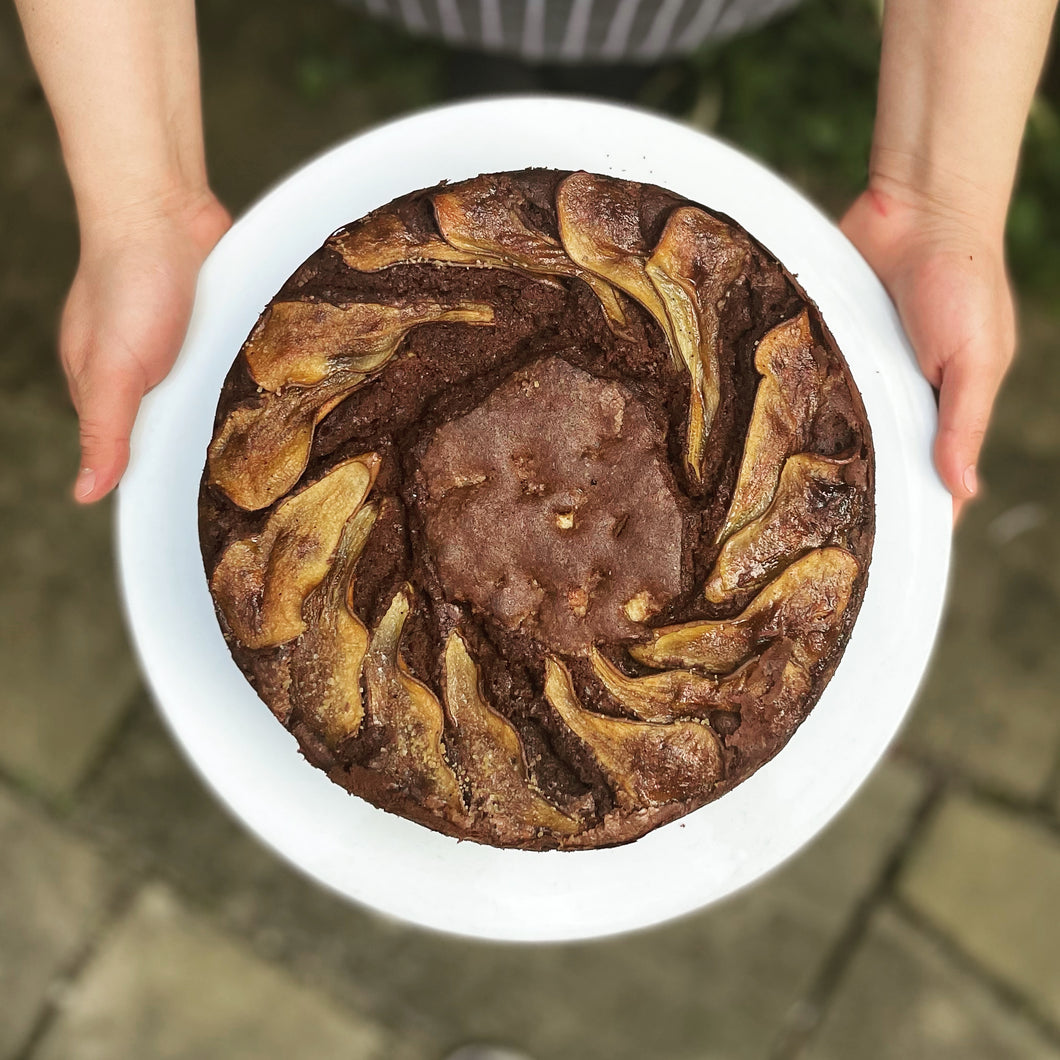 Spiced poached pear and chocolate cake