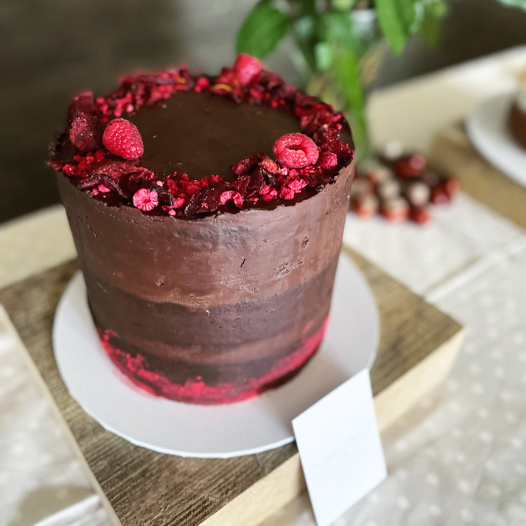 Plant base Decadent and fudgy Chocolate, beetroot and raspberry cake